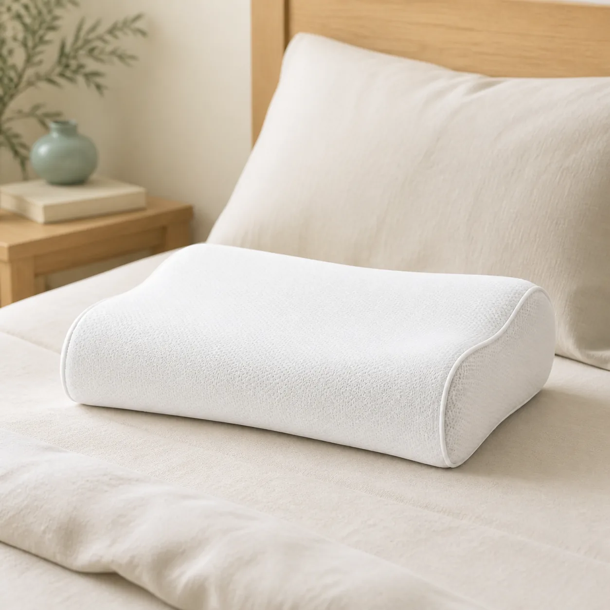 A white contoured pillow in a calm bedroom setting