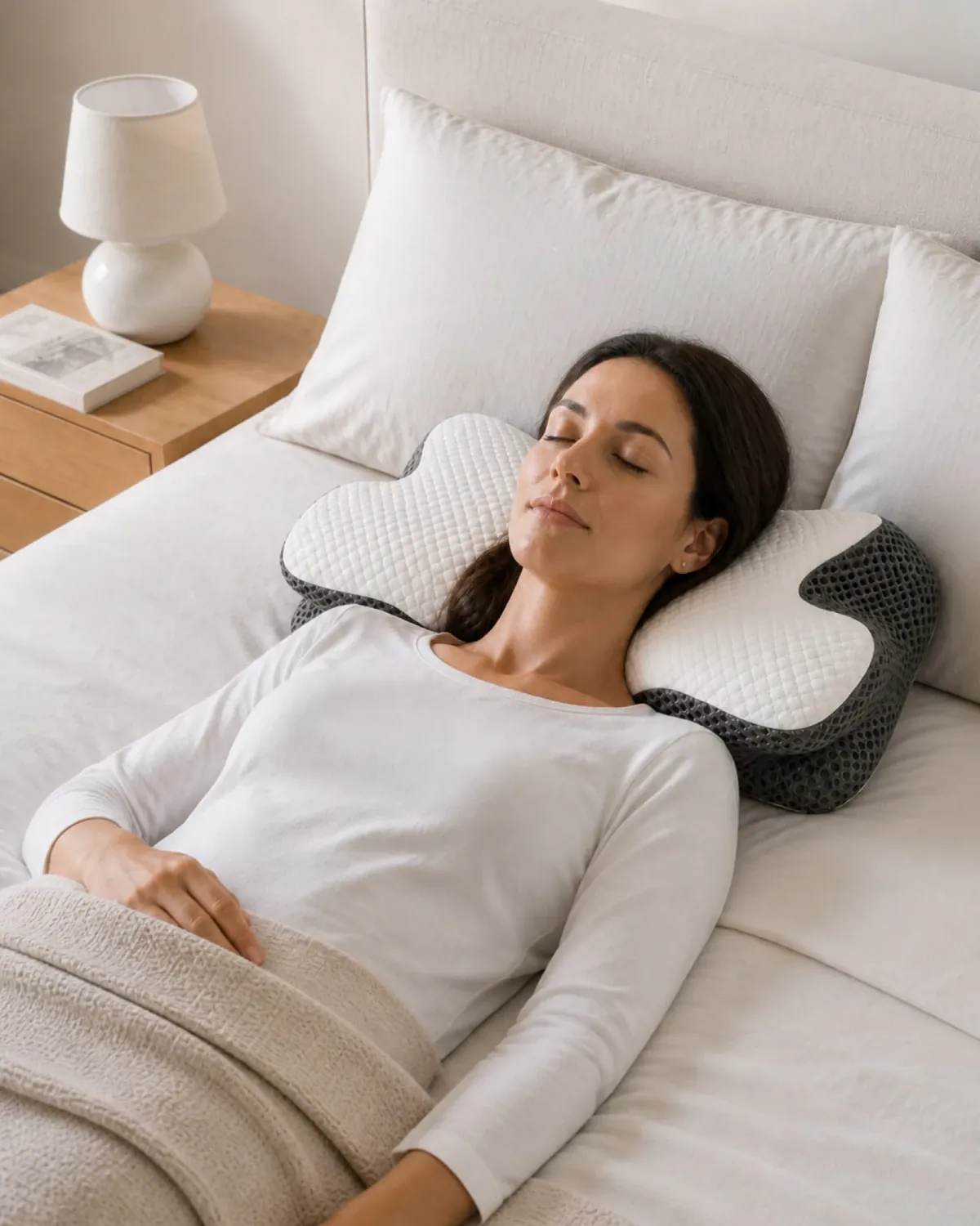 A person resting on their back on the OrthoCloud Pillow.