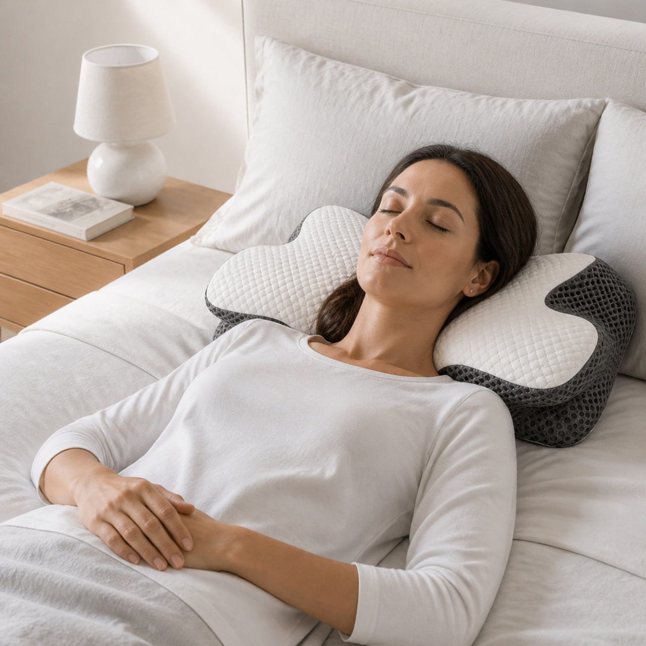 Woman sleeping on her back with her head resting in the OrthoCloud Pillow’s central cradle