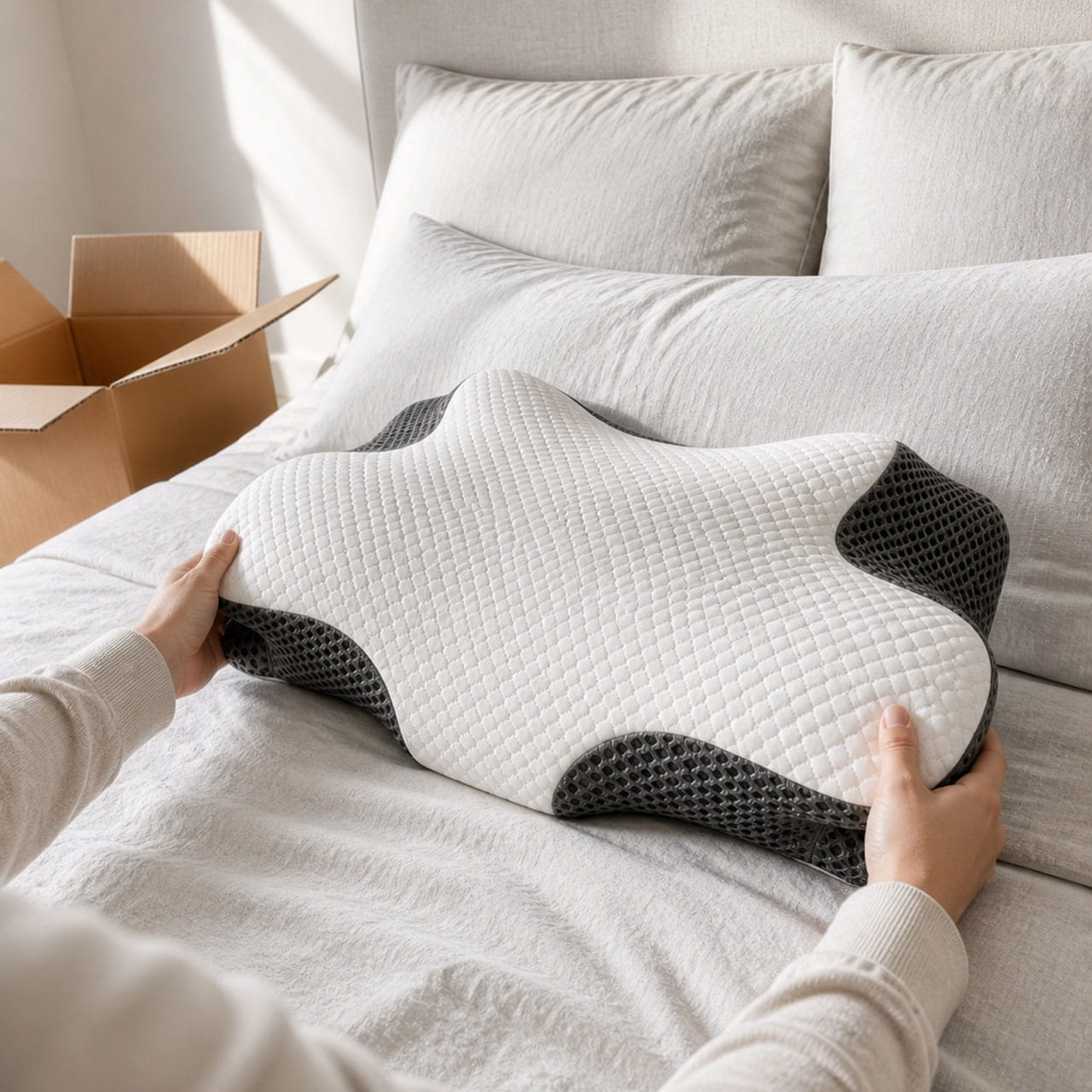 Hands placing the OrthoCloud Pillow onto a neatly prepared pearl-white bed