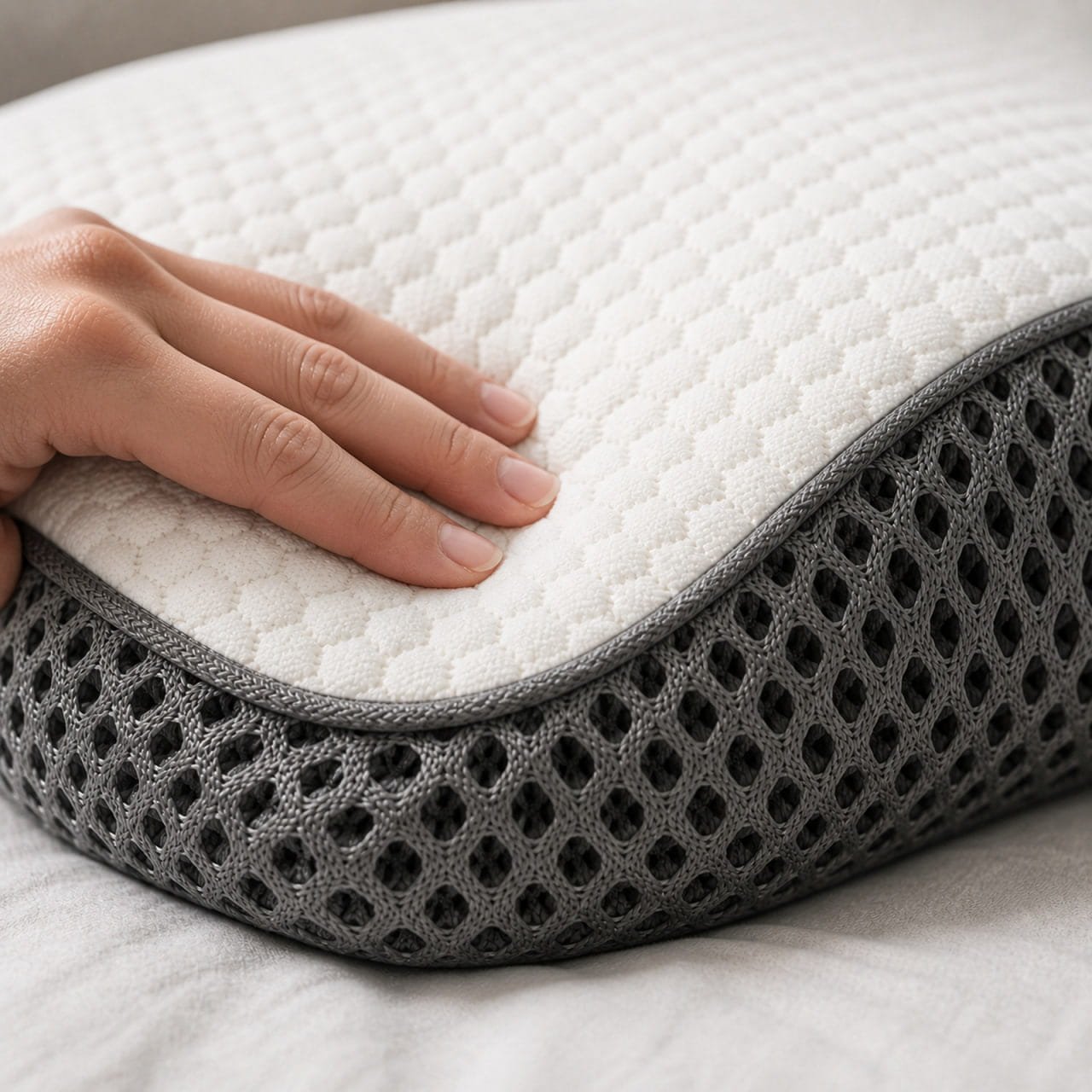 Hand touching the OrthoCloud Pillow’s honeycomb-knit fabric and charcoal airflow mesh