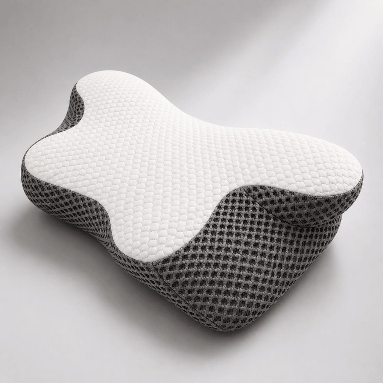 Left-angle view of the OrthoCloud Pillow with white honeycomb fabric and charcoal mesh