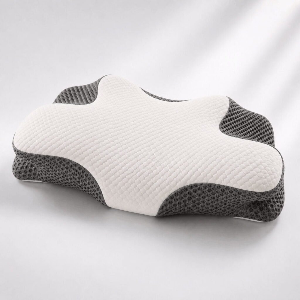 Three-quarter view of the OrthoCloud Pillow showing its sculpted ergonomic contours