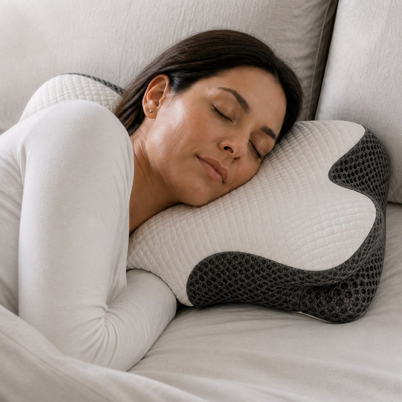 Side sleeper resting beside the OrthoCloud Pillow’s sculpted shoulder curve