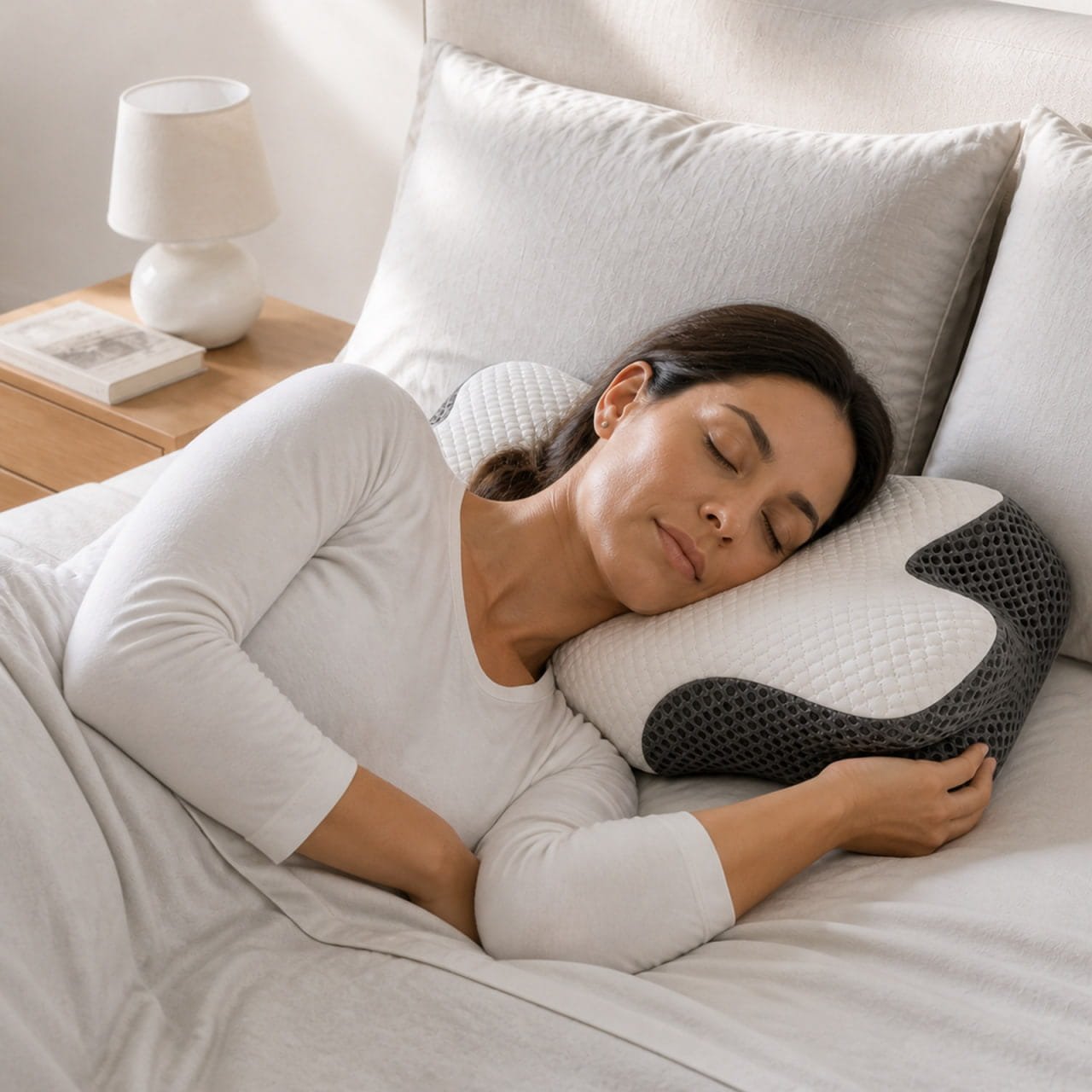 Woman sleeping on her side with her head resting on a raised contour of the OrthoCloud Pillow