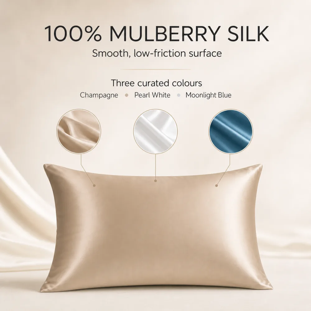 Graphic showing 100% mulberry silk, a smooth low-friction surface, and the three Ovio colours