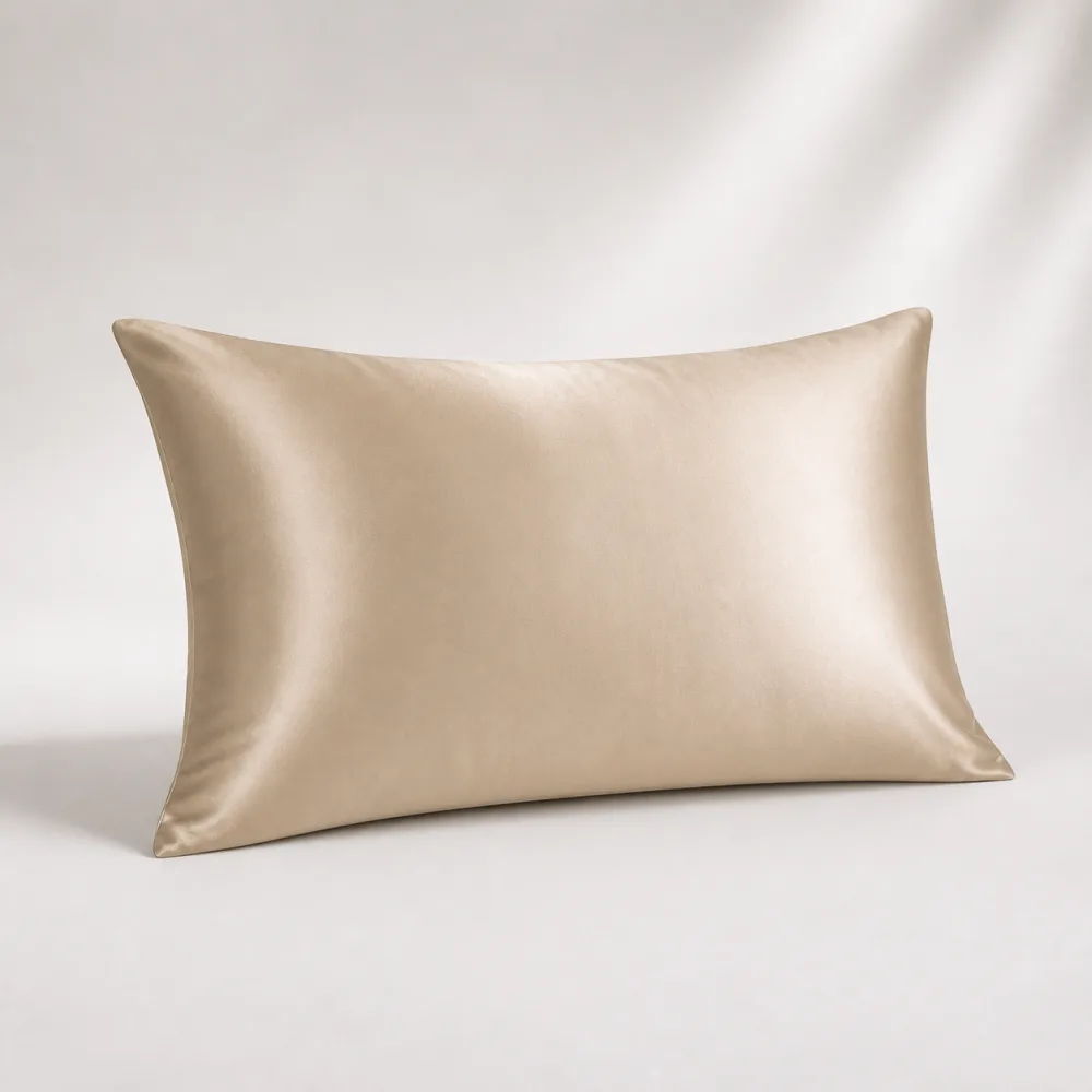 Champagne Ovio Mulberry Silk Pillowcase on a warm neutral studio background