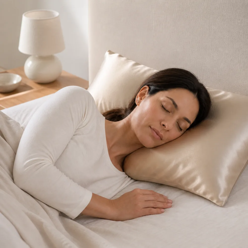 Woman sleeping on a Champagne Ovio Mulberry Silk Pillowcase in a neutral bedroom