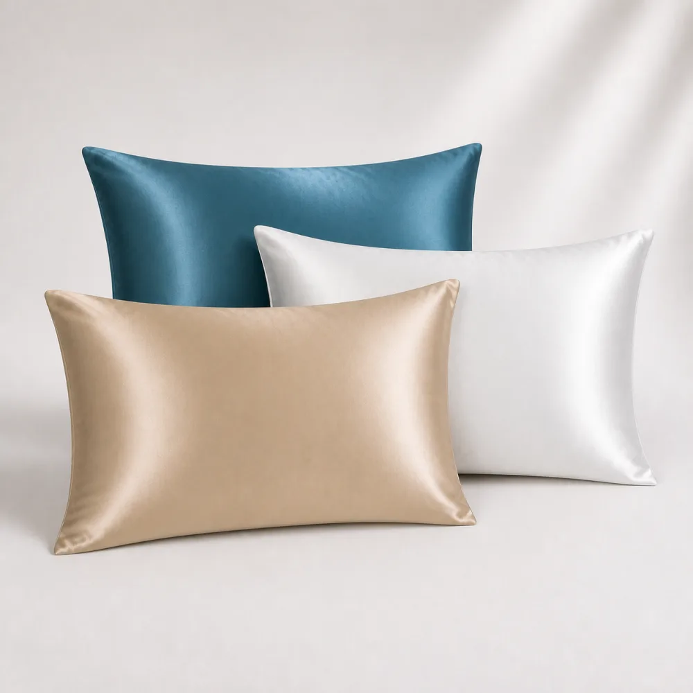 Ovio Mulberry Silk Pillowcase in Champagne, Pearl White, and Moonlight Blue