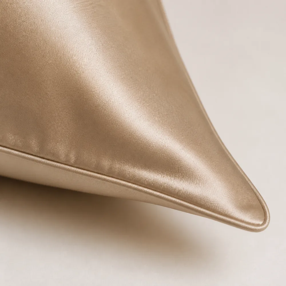 Close-up of the finished Champagne silk pillowcase corner and sewn edge