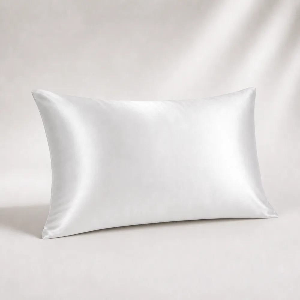 Pearl White Ovio Mulberry Silk Pillowcase on a warm neutral studio background
